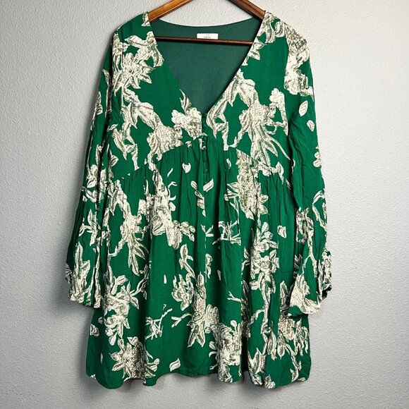 Entro Floral Print Mini Dress V Neck Bell Sleeve Kelly Green Bohemian Size L - Picture 1 of 10